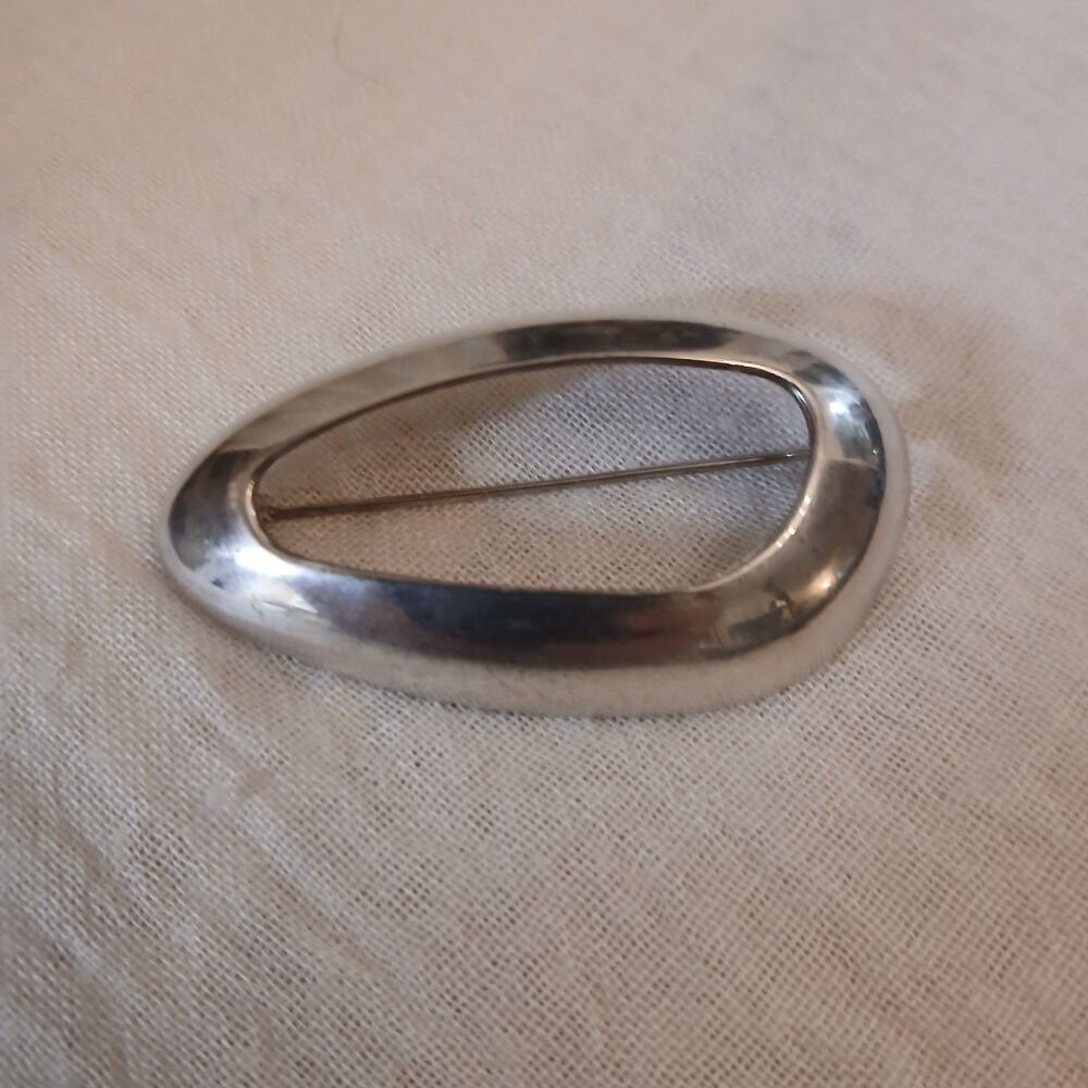 Vtg M.J. Carroll Silvertone Oval Modernist Brooch Pin Back Signed 2.25"×1.25"